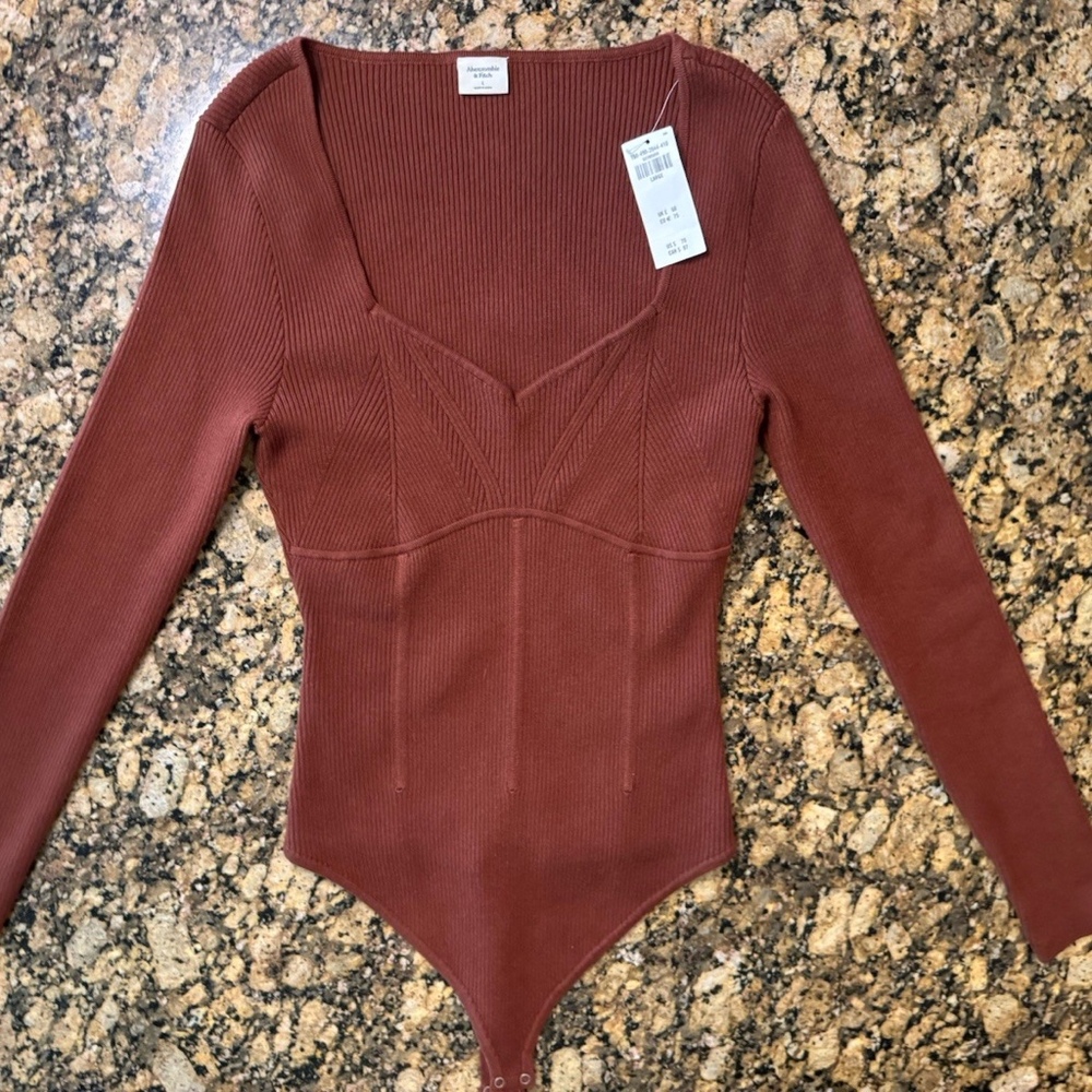 Abercrombie & Fitch Ribbed Knit Bodysuit Rust Long Sleeve Snap Women’s L NWT